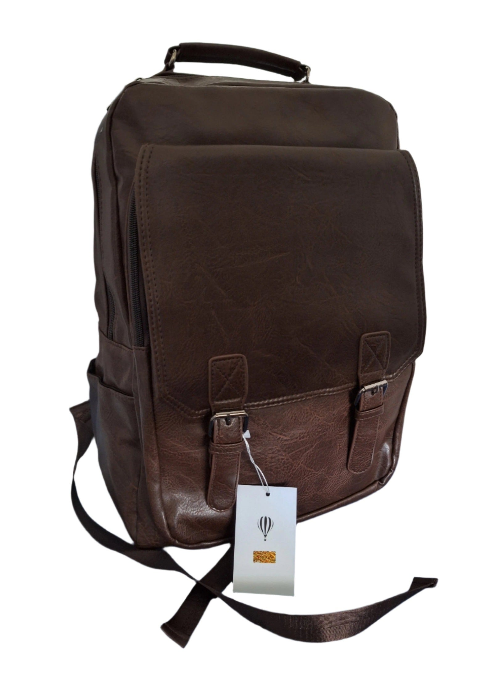 Mill The Sky: Choc-BLOC Square Distressed Faux Leather Fold & Top Hold Backpack. DARK BROWN. Heavy Duty Mesh Straps