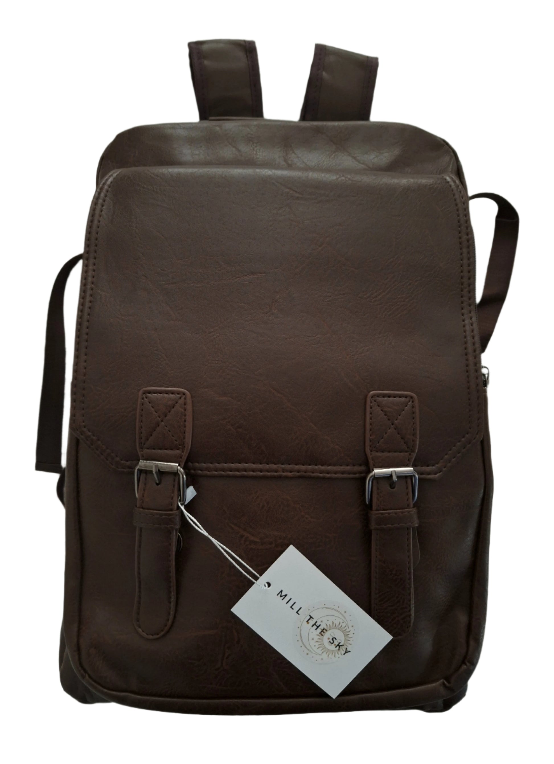 Mill The Sky: Choc-BLOC Square Distressed Faux Leather Fold & Top Hold Backpack. DARK BROWN. Heavy Duty Mesh Straps