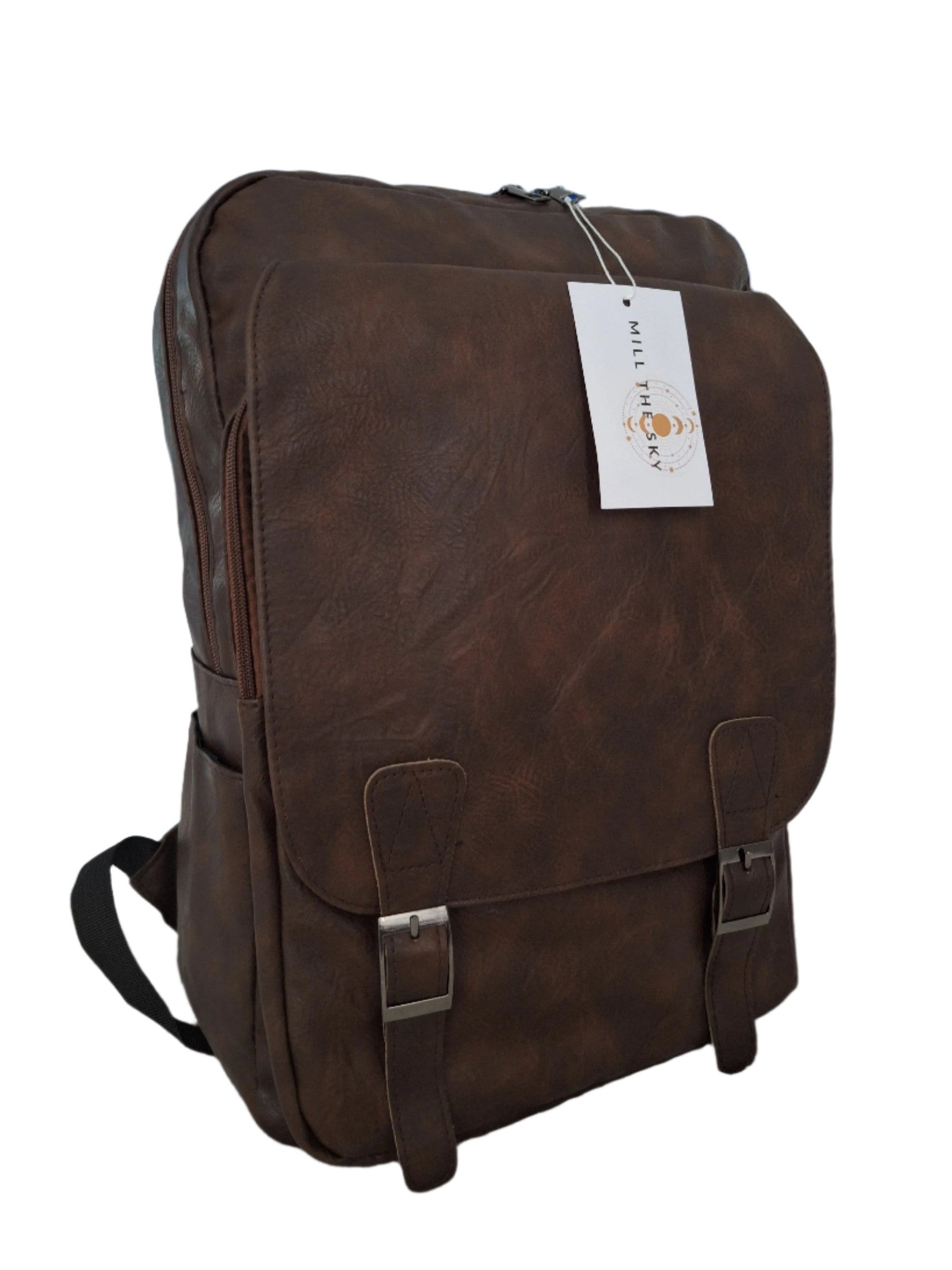 Mill The Sky: Rock-BOX Distressed Faux Leather Handcrafted Front Fold Backpack MOCCA BROWN My Store