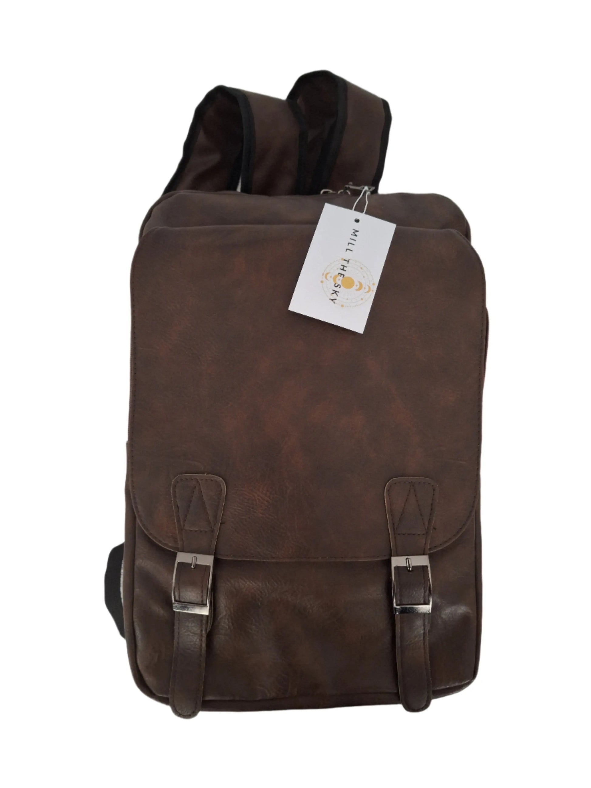 Mill The Sky: Rock-BOX Distressed Faux Leather Handcrafted Front Fold Backpack MOCCA BROWN