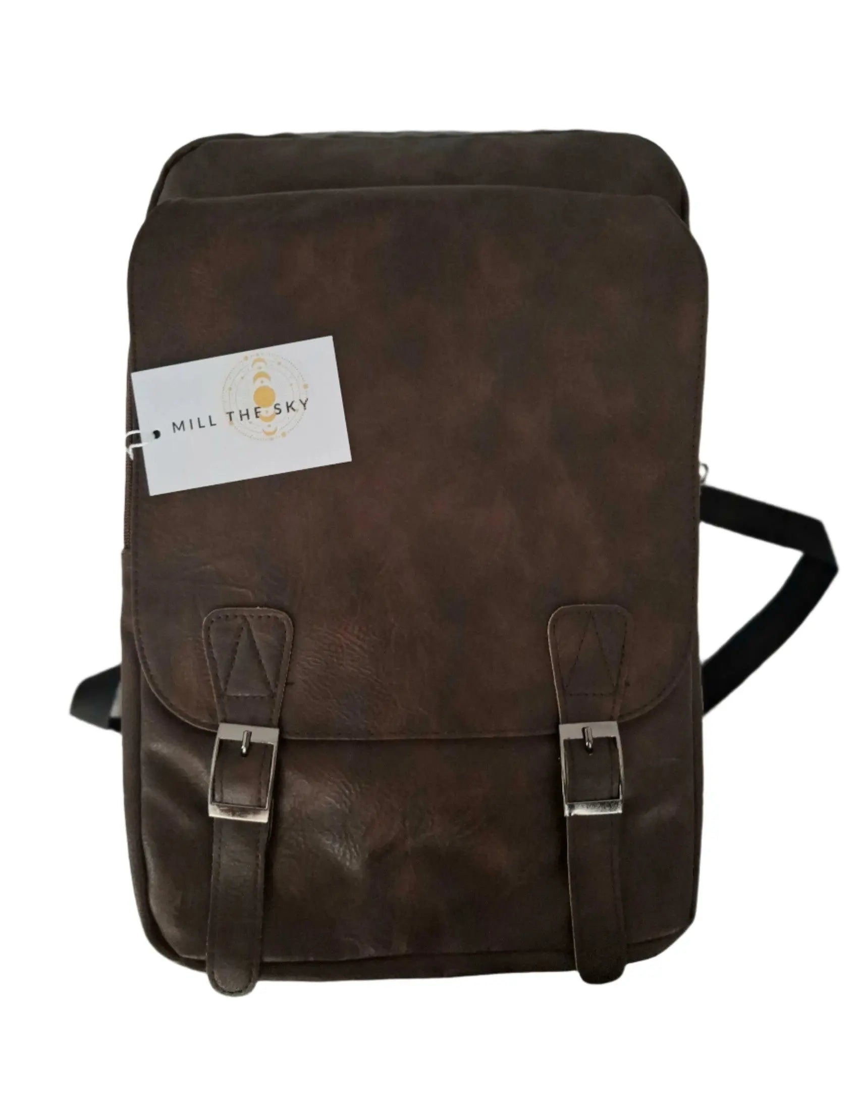 Brown backpack with a visible brand tag on a textured white background