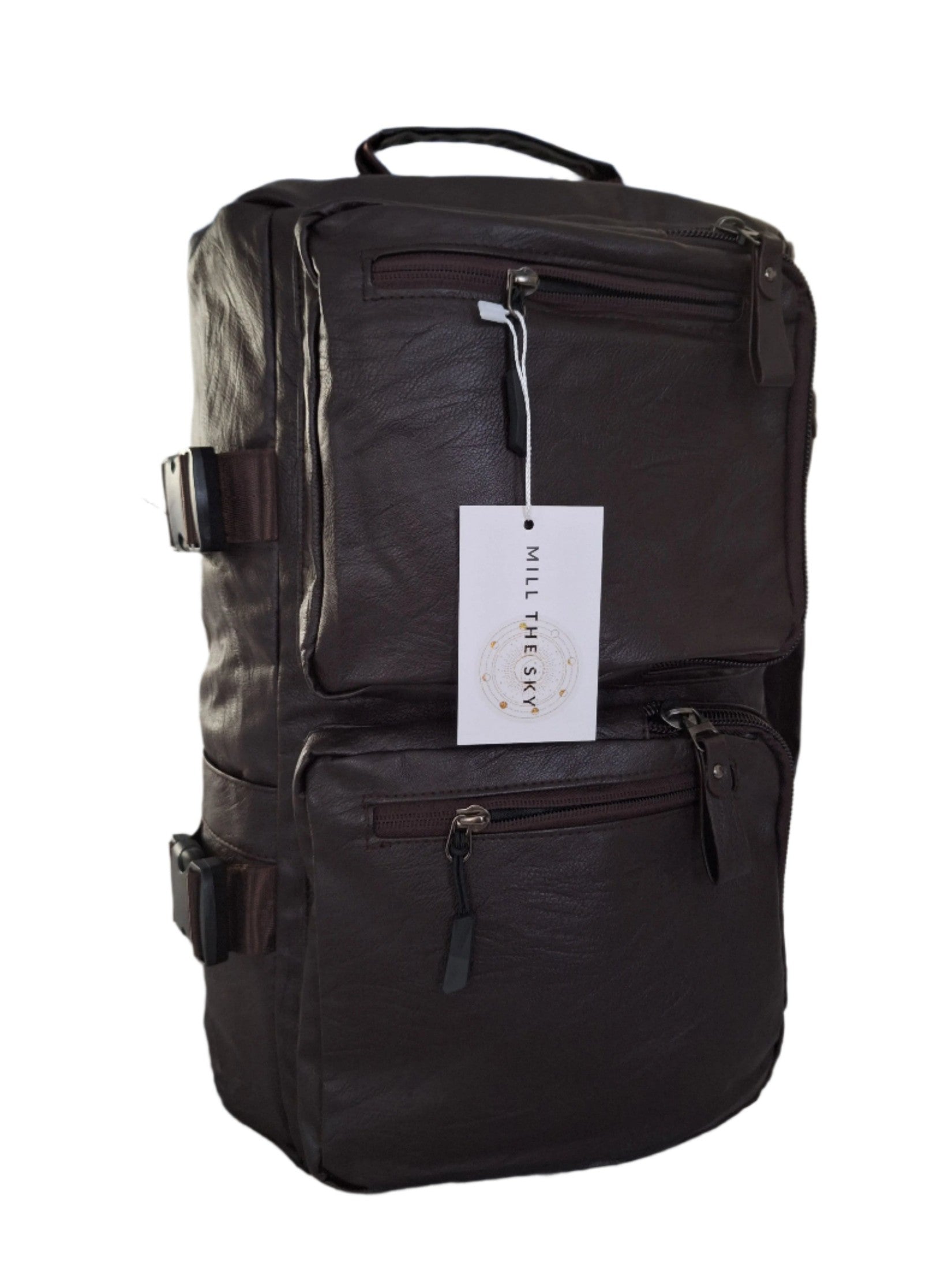 Mill The Sky: Show-SIDE Multi-Format Faux Leather Backpack & Duffel Bag. DARK BROWN. Handmade. Side Loaded.