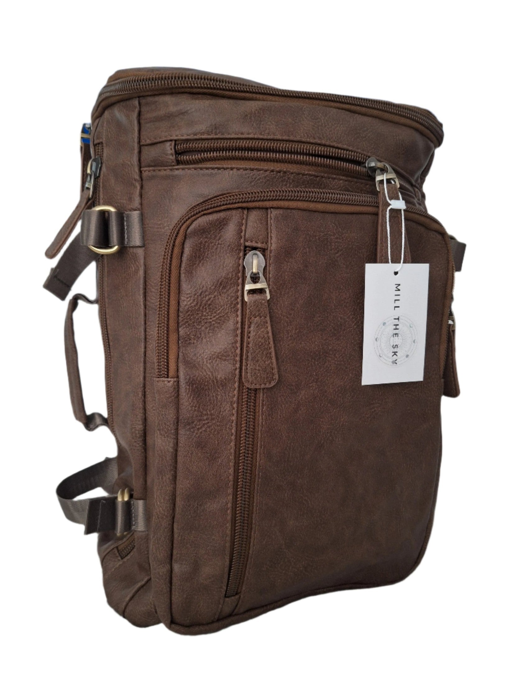Mill The Sky: Super-MOOCH Large Rustic Tough Faux Leather World Travel Backpack. WASHED MOCCA BROWN. Distressed. Handmade.