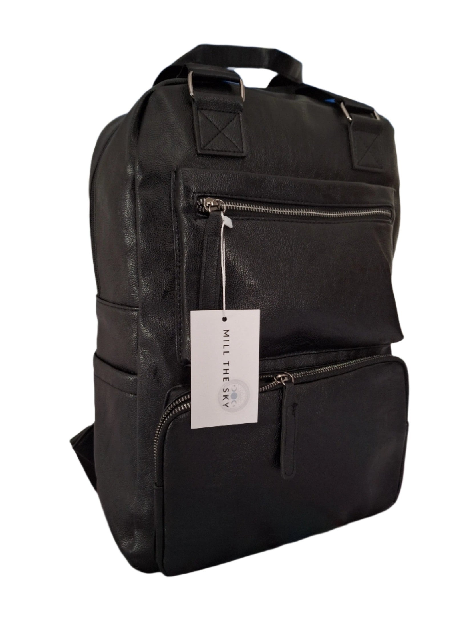 Mill The Sky: Tour-CUBE Top Holder Handcrafted Distressed Faux Leather Backpack. JET BLACK. Rectangular Fill.