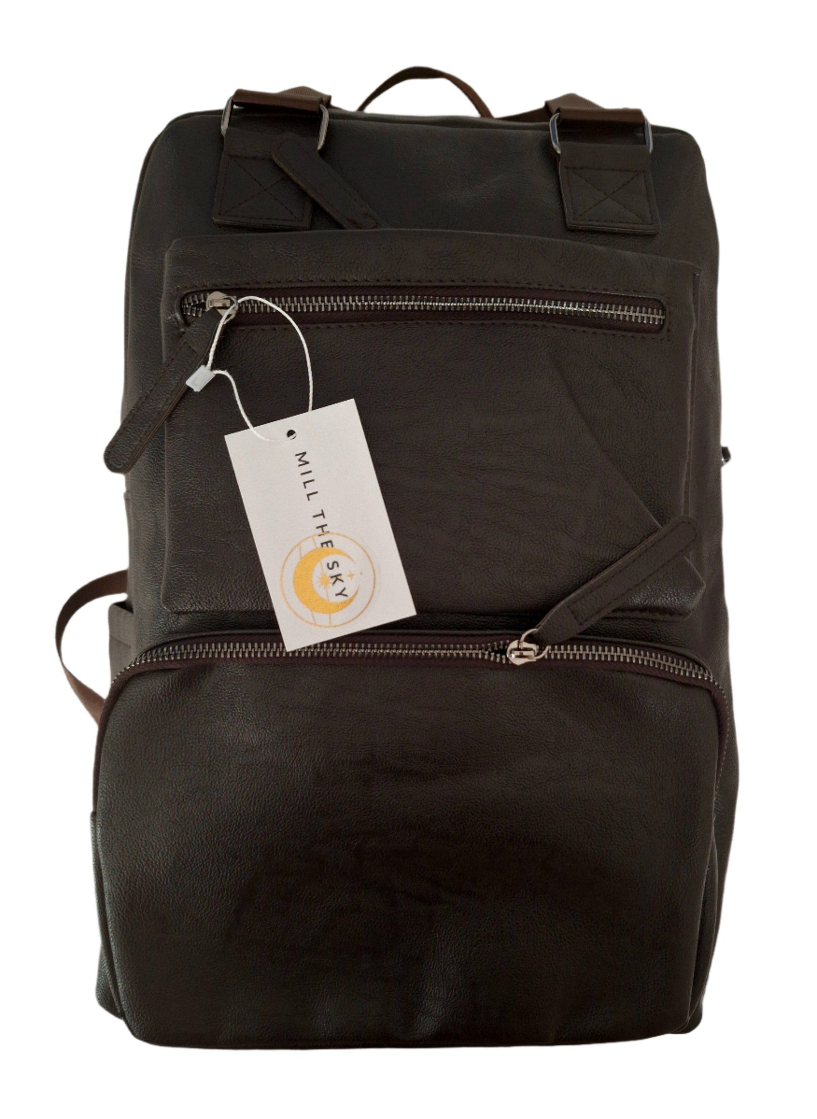 Mill The Sky: Tour-CUBE Top Holder Handcrafted Distressed Faux Leather Backpack. DARK BROWN. Rectangular Fill