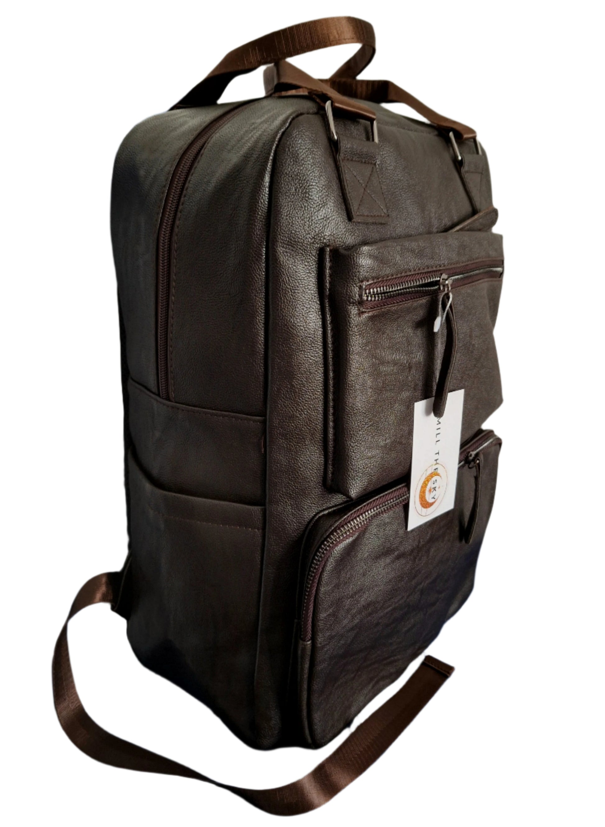Mill The Sky: Tour-CUBE Top Holder Handcrafted Distressed Faux Leather Backpack. DARK BROWN. Rectangular Fill