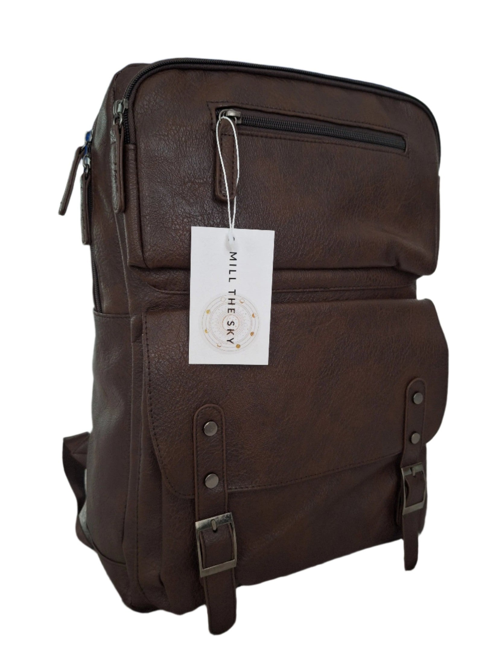 Mill The Sky: Travel-CUBE Heavy Duty Square Retro Vibe Faux Leather Backpack. DARK BROWN. Handcrafted