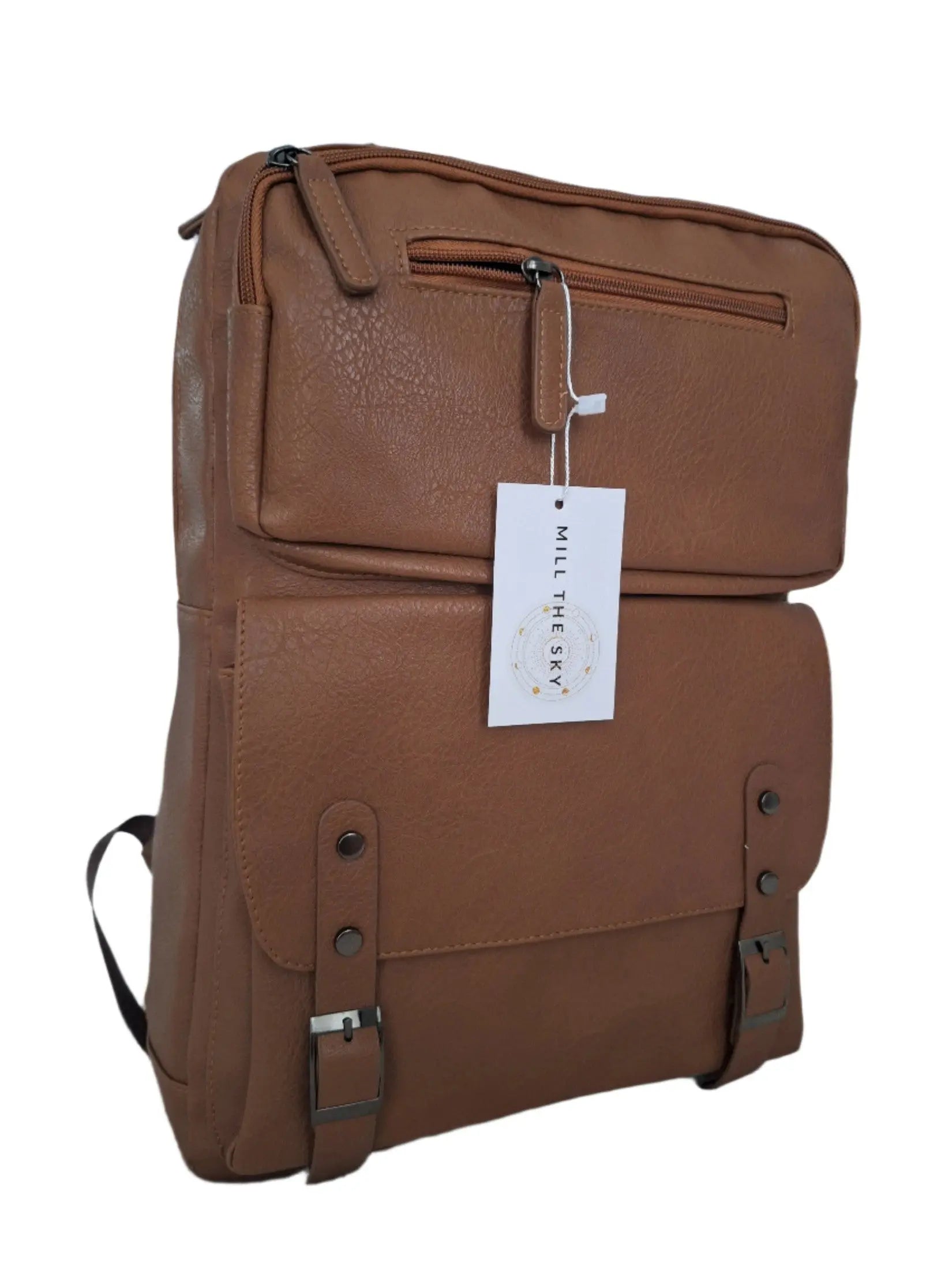 Mill The Sky: Travel-CUBE Heavy Duty Square Retro Vibe Faux Leather Backpack. TONEWASHED TAN. Handcrafted